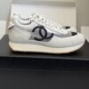 Chanel White and Grey Mesh and Suede Low-Top Sneaker with Black Toe Cap and CC Logo