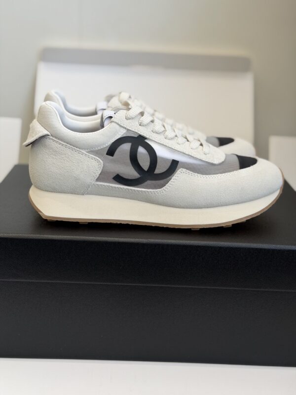 Chanel White and Grey Mesh and Suede Low-Top Sneaker with Black Toe Cap and CC Logo