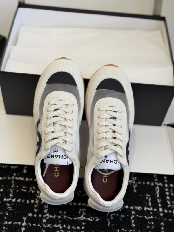 Chanel White and Grey Mesh and Suede Low-Top Sneaker with Black Toe Cap and CC Logo