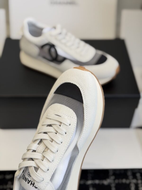 Chanel White and Grey Mesh and Suede Low-Top Sneaker with Black Toe Cap and CC Logo