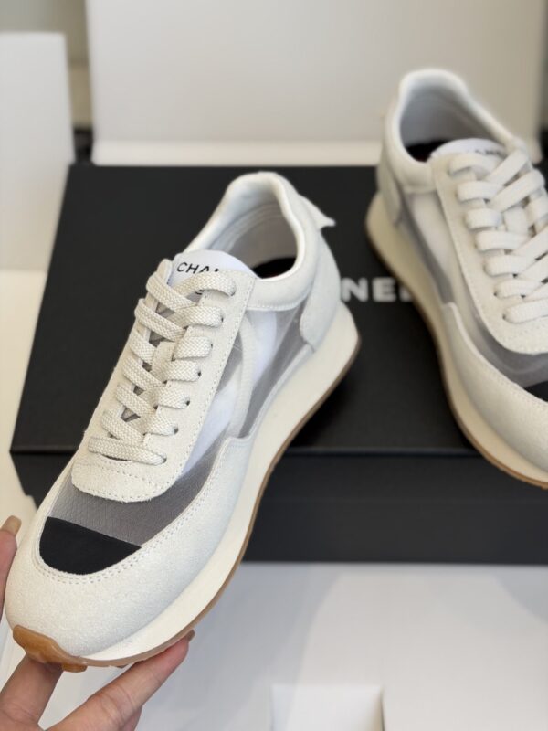 Chanel White and Grey Mesh and Suede Low-Top Sneaker with Black Toe Cap and CC Logo