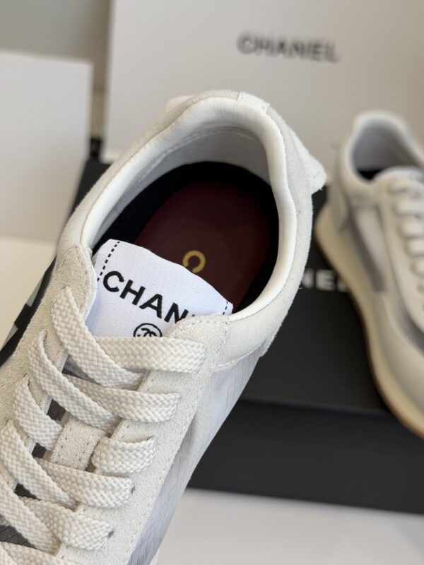 Chanel White and Grey Mesh and Suede Low-Top Sneaker with Black Toe Cap and CC Logo
