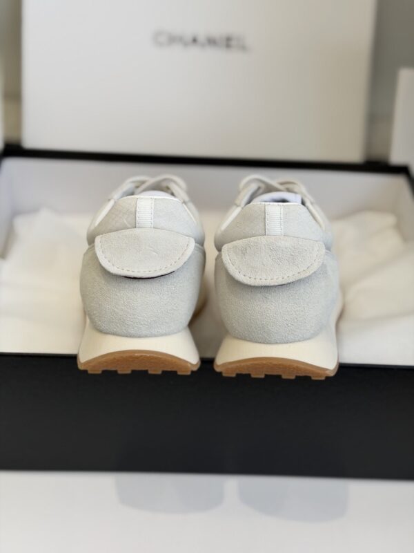 Chanel White and Grey Mesh and Suede Low-Top Sneaker with Black Toe Cap and CC Logo