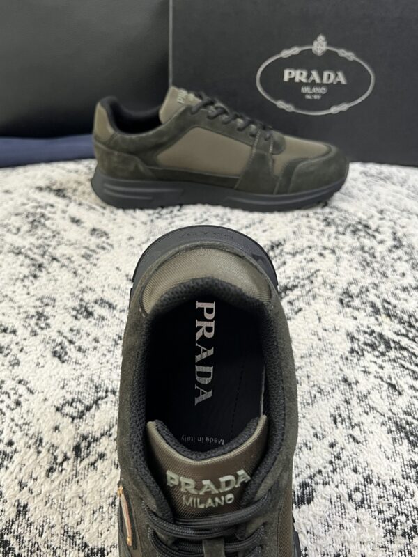 sy_no_52F499B43BAF2B6059C6FC5F70B4CF6D_6 Prada Olive Suede Mesh-Spliced Triangle Logo Low-Top Sneaker