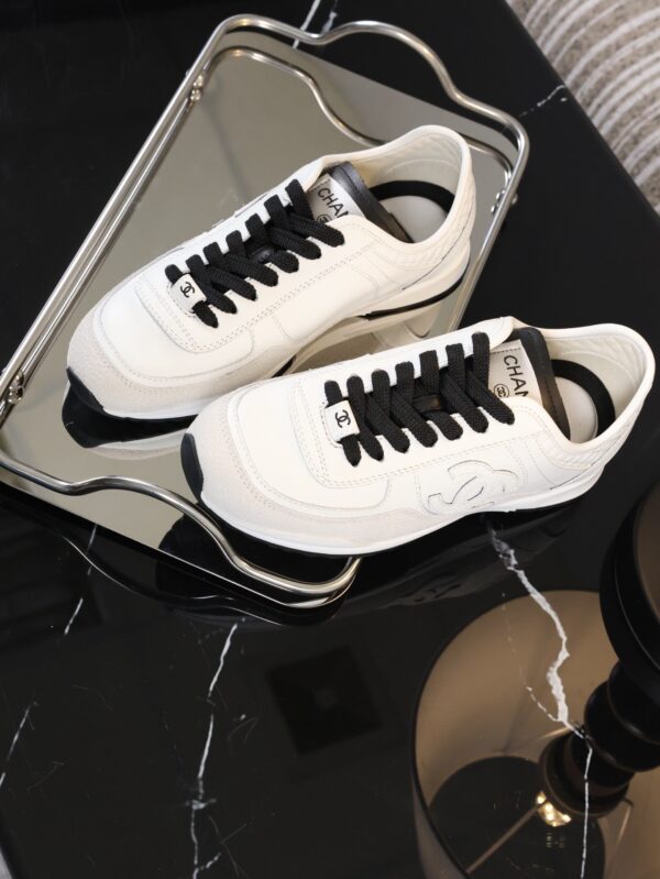 Chanel White and Black Mixed Material Low-Top Sneaker with Suede and CC Logo