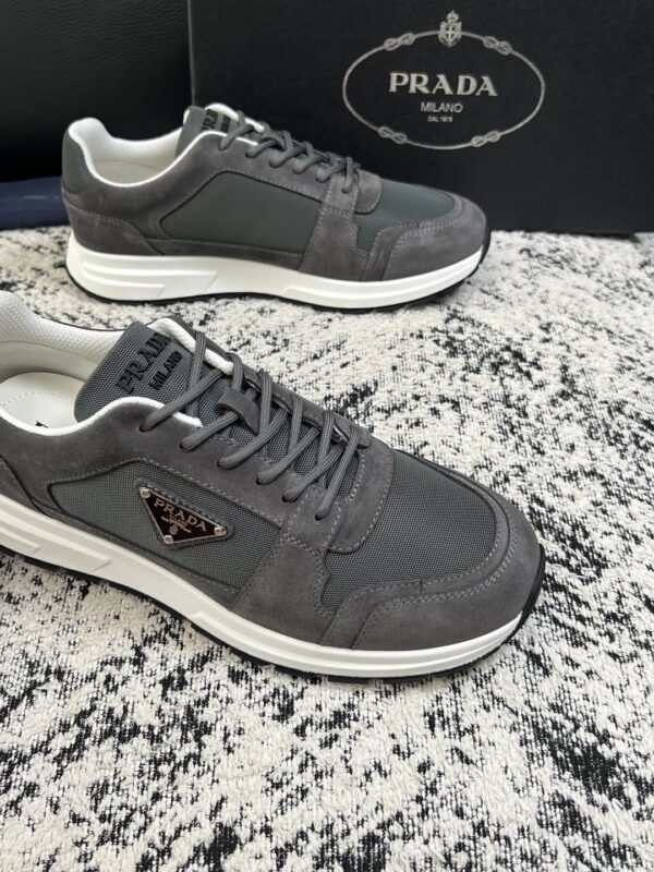 sy_no_55645E36F794D772E80F863542DB22CD_5 Prada Grey Suede Mesh-Spliced Triangle Logo Low-Top Sneaker