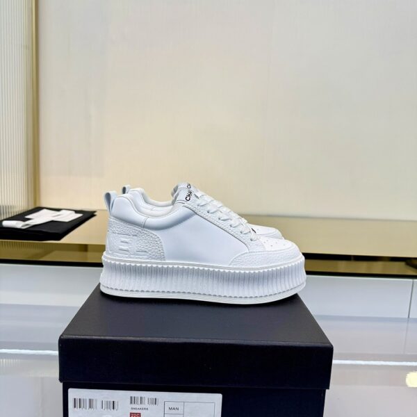 Chanel All-White Leather Platform Low-Top Sneaker with Embossed Heel Logo and Ribbed Sole