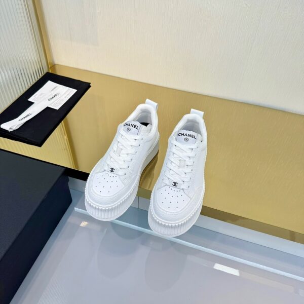 Chanel All-White Leather Platform Low-Top Sneaker with Embossed Heel Logo and Ribbed Sole