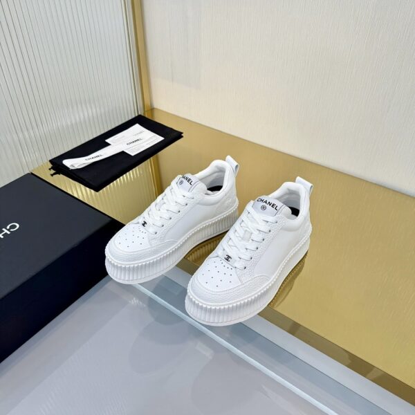 Chanel All-White Leather Platform Low-Top Sneaker with Embossed Heel Logo and Ribbed Sole