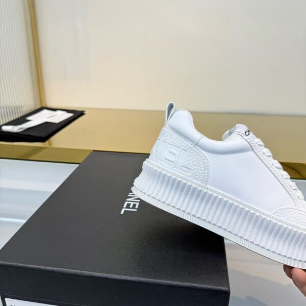 Chanel All-White Leather Platform Low-Top Sneaker with Embossed Heel Logo and Ribbed Sole