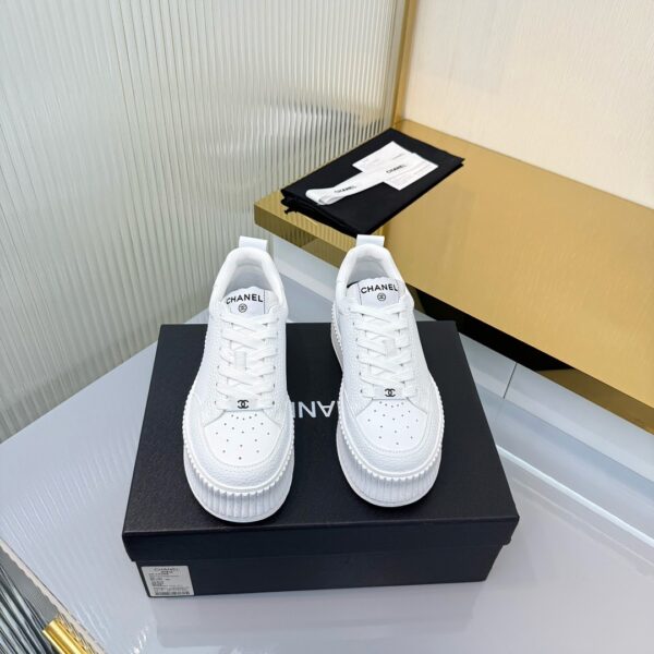 Chanel All-White Leather Platform Low-Top Sneaker with Embossed Heel Logo and Ribbed Sole