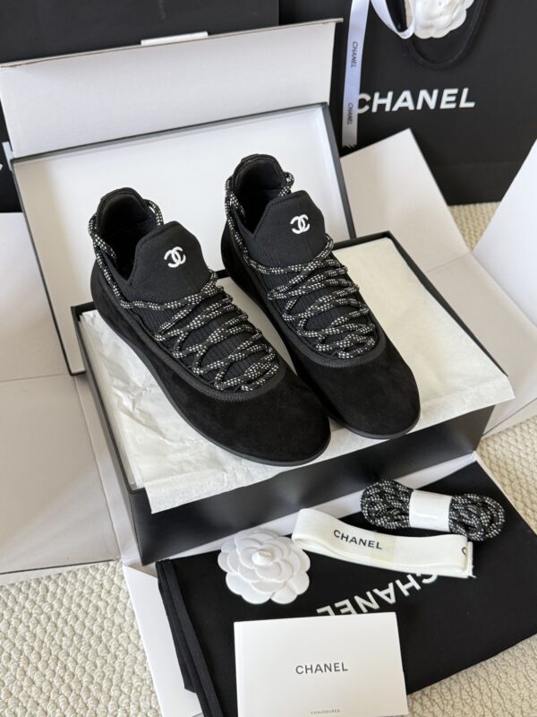 Chanel Black Suede and Knit Slip-On Low-Top Sneaker with Speckled Laces and CC Logo