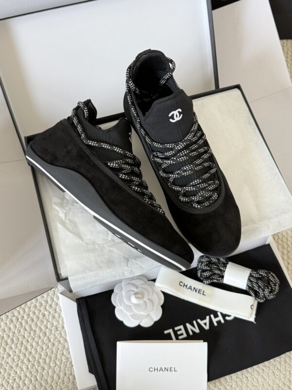 Chanel Black Suede and Knit Slip-On Low-Top Sneaker with Speckled Laces and CC Logo