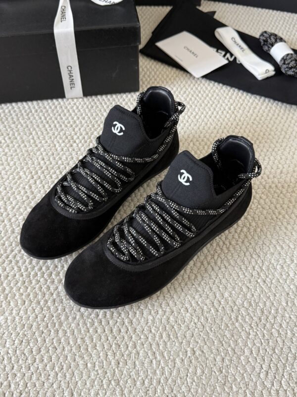 Chanel Black Suede and Knit Slip-On Low-Top Sneaker with Speckled Laces and CC Logo