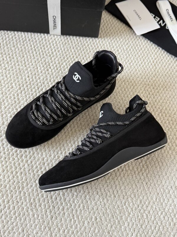 Chanel Black Suede and Knit Slip-On Low-Top Sneaker with Speckled Laces and CC Logo