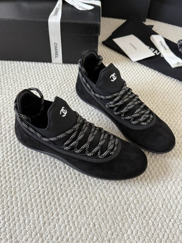 Chanel Black Suede and Knit Slip-On Low-Top Sneaker with Speckled Laces and CC Logo