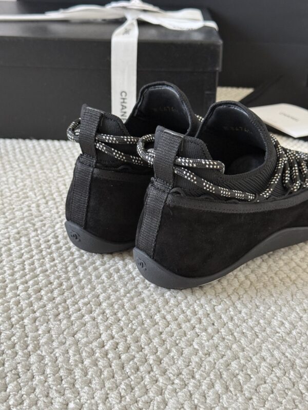 Chanel Black Suede and Knit Slip-On Low-Top Sneaker with Speckled Laces and CC Logo
