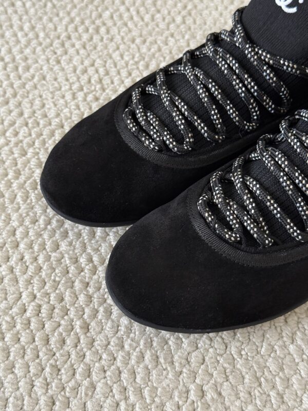 Chanel Black Suede and Knit Slip-On Low-Top Sneaker with Speckled Laces and CC Logo