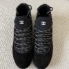 Chanel Black Suede and Knit Slip-On Low-Top Sneaker with Speckled Laces and CC Logo