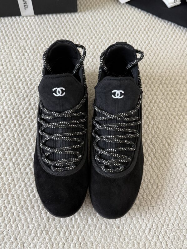 Chanel Black Suede and Knit Slip-On Low-Top Sneaker with Speckled Laces and CC Logo