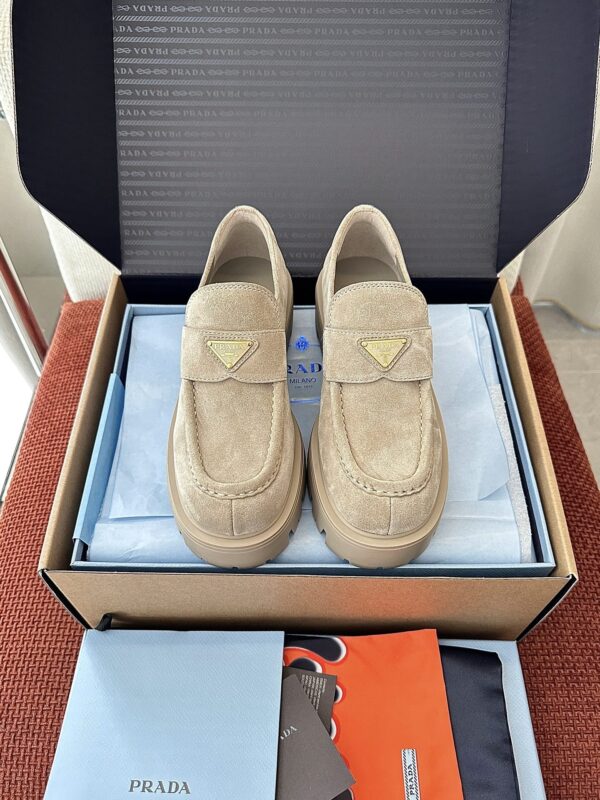 Prada Khaki Suede Gold Triangle Chunky Loafer