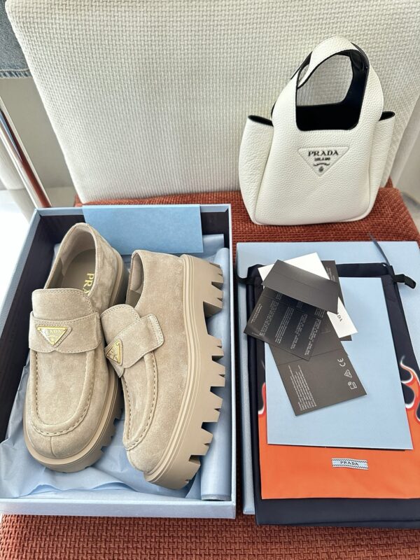 Prada Khaki Suede Gold Triangle Chunky Loafer