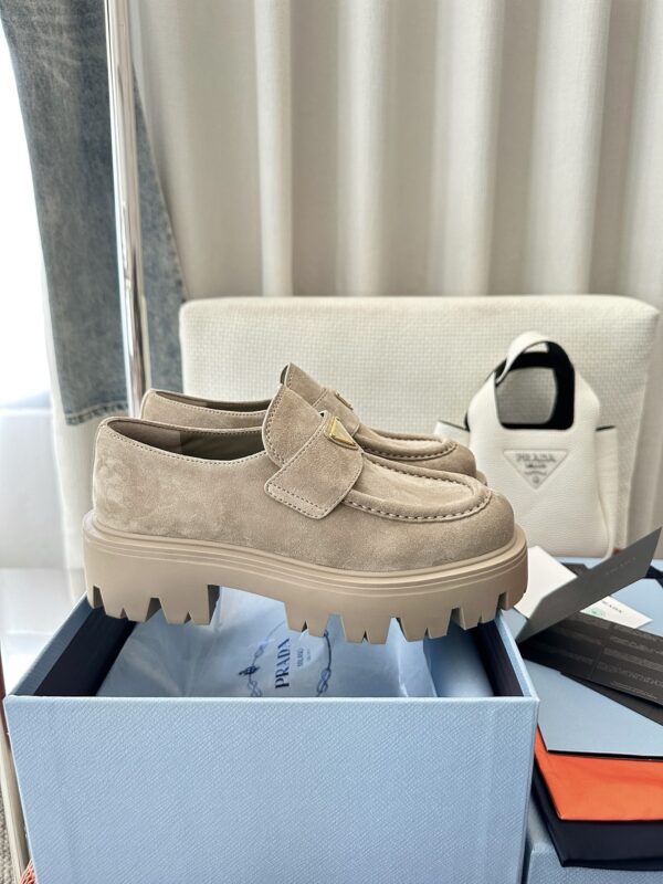 Prada Khaki Suede Gold Triangle Chunky Loafer