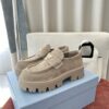 Prada Khaki Suede Gold Triangle Chunky Loafer