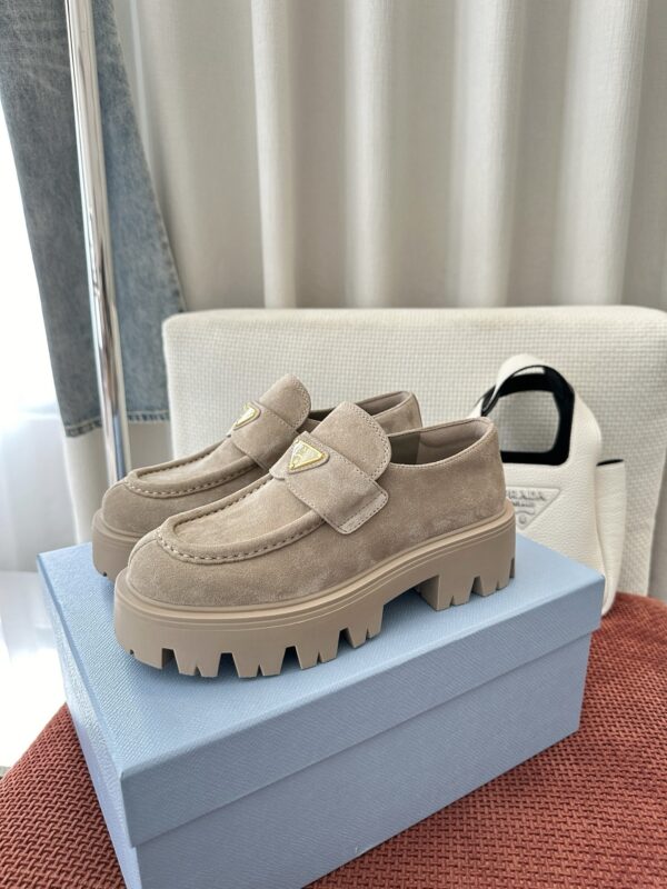 Prada Khaki Suede Gold Triangle Chunky Loafer