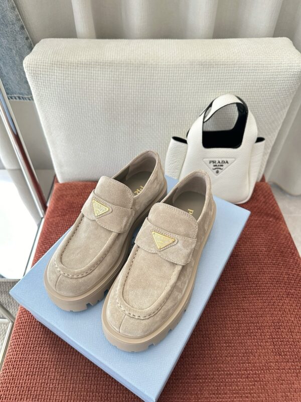 Prada Khaki Suede Gold Triangle Chunky Loafer