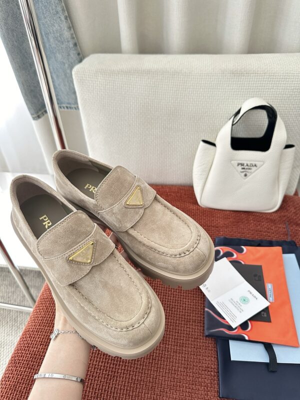 Prada Khaki Suede Gold Triangle Chunky Loafer