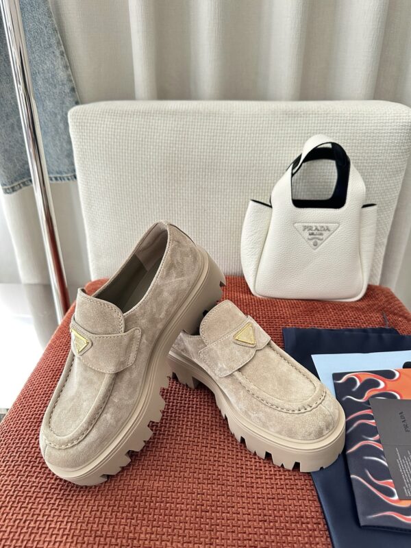 Prada Khaki Suede Gold Triangle Chunky Loafer