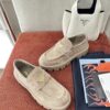 Prada Khaki Suede Gold Triangle Chunky Loafer
