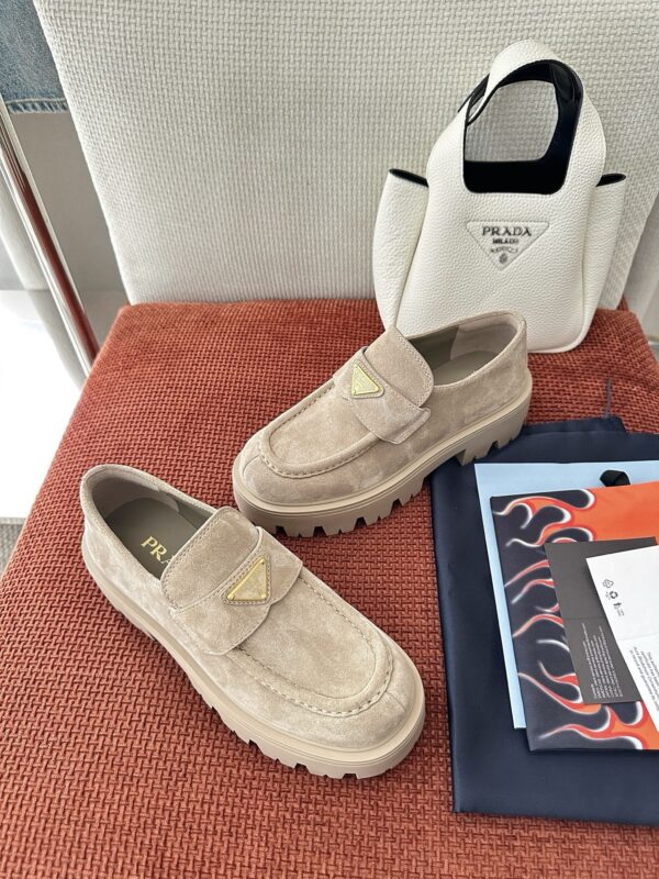 Prada Khaki Suede Gold Triangle Chunky Loafer