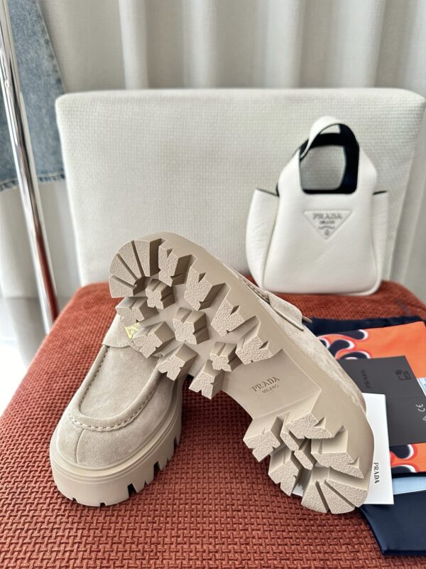 Prada Khaki Suede Gold Triangle Chunky Loafer