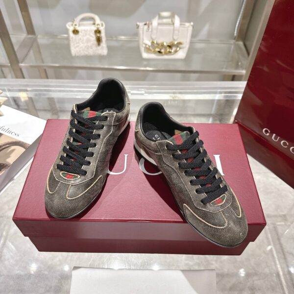 sy_no_6A5D2BB58FF4E0532E3254B40BBF5809_1 Gucci Distressed Grey / Charcoal Suede & Canvas Sneaker with Web Stripe