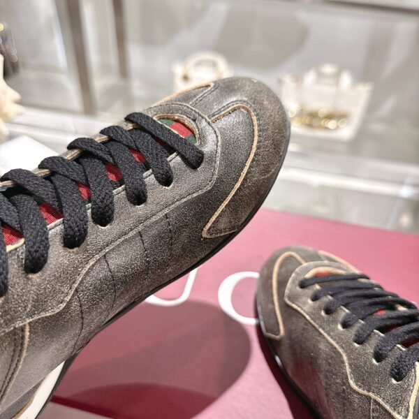 sy_no_6A5D2BB58FF4E0532E3254B40BBF5809_6 Gucci Distressed Grey / Charcoal Suede & Canvas Sneaker with Web Stripe