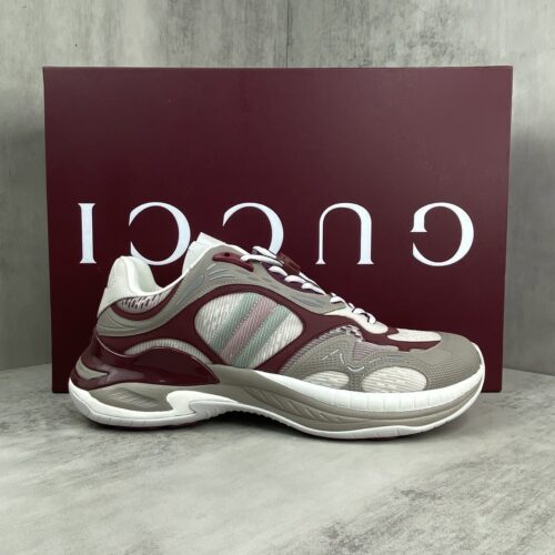 sy_no_6AFEC2BE11C090E22E2D8A770D0B6E8D_0 Gucci Re-Web / Chunky Technical Sneaker in Burgundy & Grey with Web Stripe