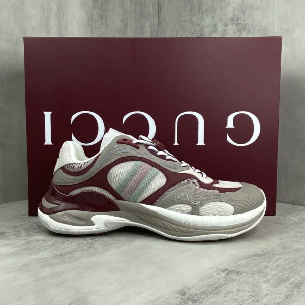 sy_no_6AFEC2BE11C090E22E2D8A770D0B6E8D_0 Gucci Re-Web / Chunky Technical Sneaker in Burgundy & Grey with Web Stripe