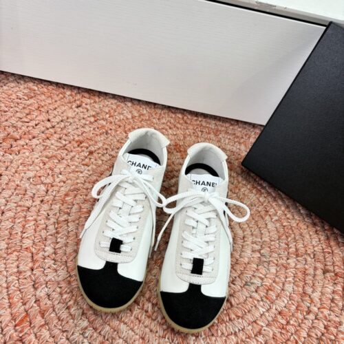 Chanel White & Black Cap-Toe Low-Top Sneaker with Suede Detailing