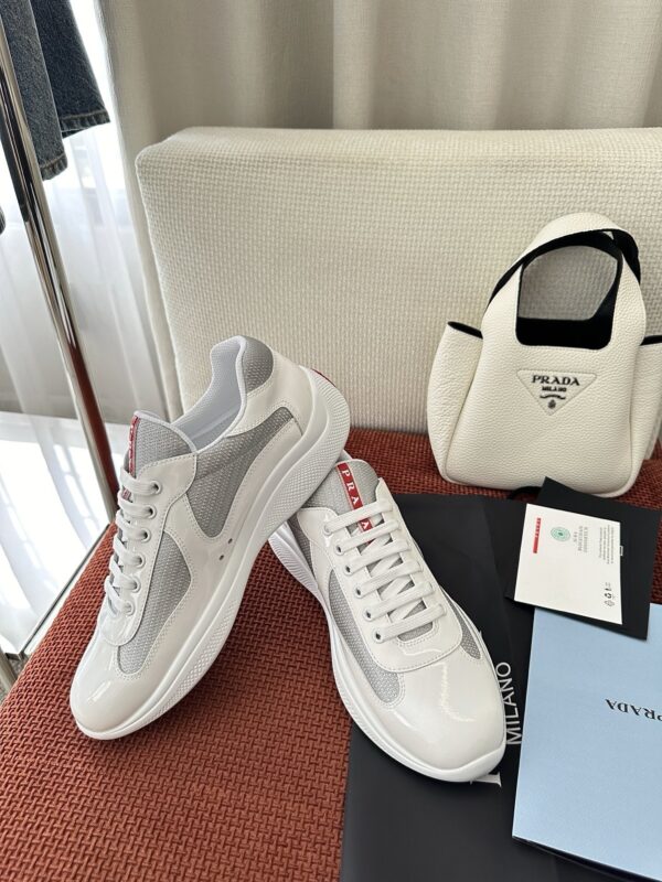 sy_no_6EBBF7D5192BB87716B40E52E28C5156_3 Prada White Patent Silver Mesh Red Label Sneaker