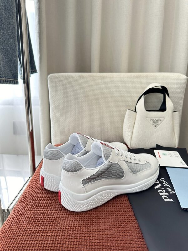 sy_no_6EBBF7D5192BB87716B40E52E28C5156_4 Prada White Patent Silver Mesh Red Label Sneaker