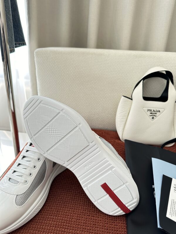 sy_no_6EBBF7D5192BB87716B40E52E28C5156_5 Prada White Patent Silver Mesh Red Label Sneaker