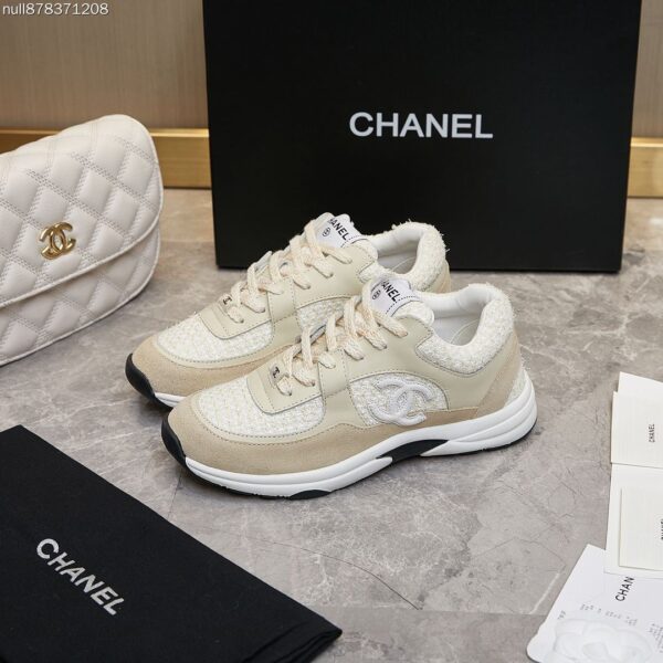 Chanel Beige Tweed and Suede Low-Top Sneaker with CC Logo