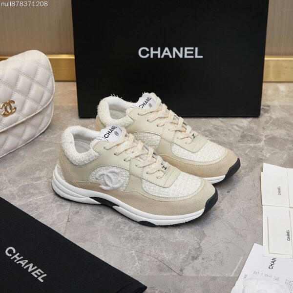 Chanel Beige Tweed and Suede Low-Top Sneaker with CC Logo