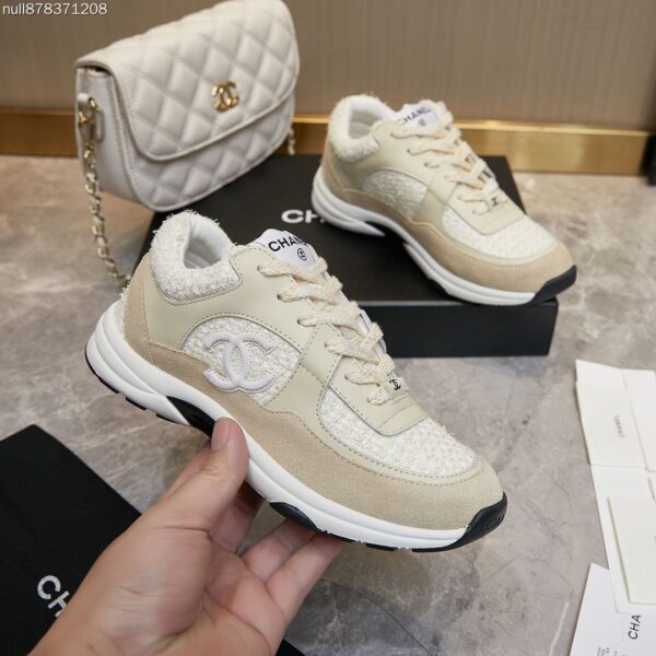 Chanel Beige Tweed and Suede Low-Top Sneaker with CC Logo
