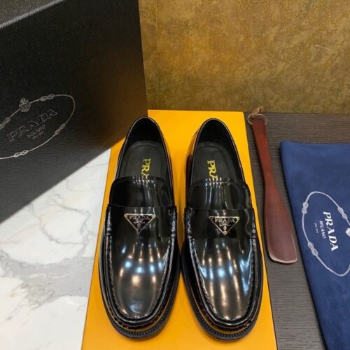 Prada Black Patent Leather Triangle Logo Loafers