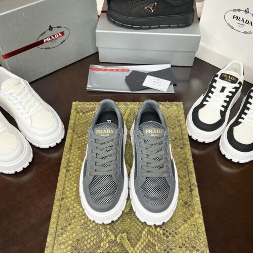 sy_no_7509922225C1D58CEE0CF9F168BC1D9B_0 Prada Grey Mesh Metal-Triangle Tread Platform Sneaker