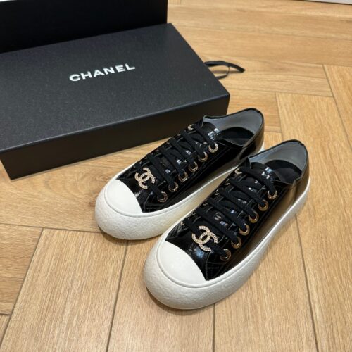 Chanel Black-White Patent-Leather Low-Top Sneaker with Gold-Tone CC Logo