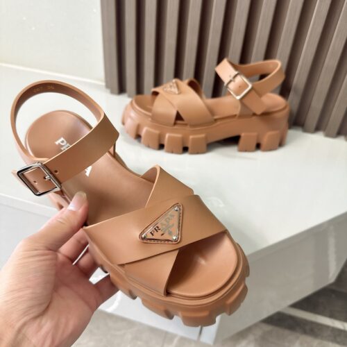 sy_no_78808C78278372705AE6C42AB440792C_0 Prada Caramel Brown Triangle Logo Gear Platform Sandal